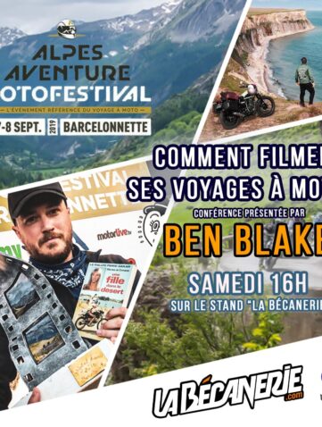 Ben Blake sur le stand de La Bécanerie à l'Alpes Aventure Motofestival