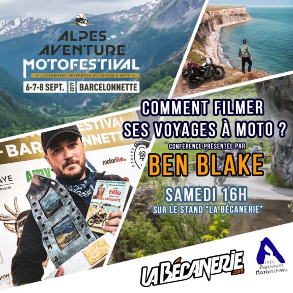 Ben Blake sur le stand de La Bécanerie à l'Alpes Aventure Motofestival