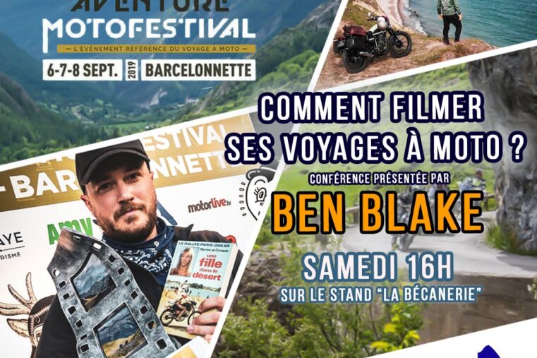 Ben Blake sur le stand de La Bécanerie à l'Alpes Aventure Motofestival