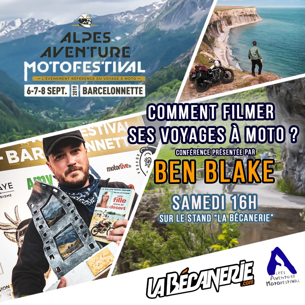 Ben Blake sur le stand de La Bécanerie à l'Alpes Aventure Motofestival