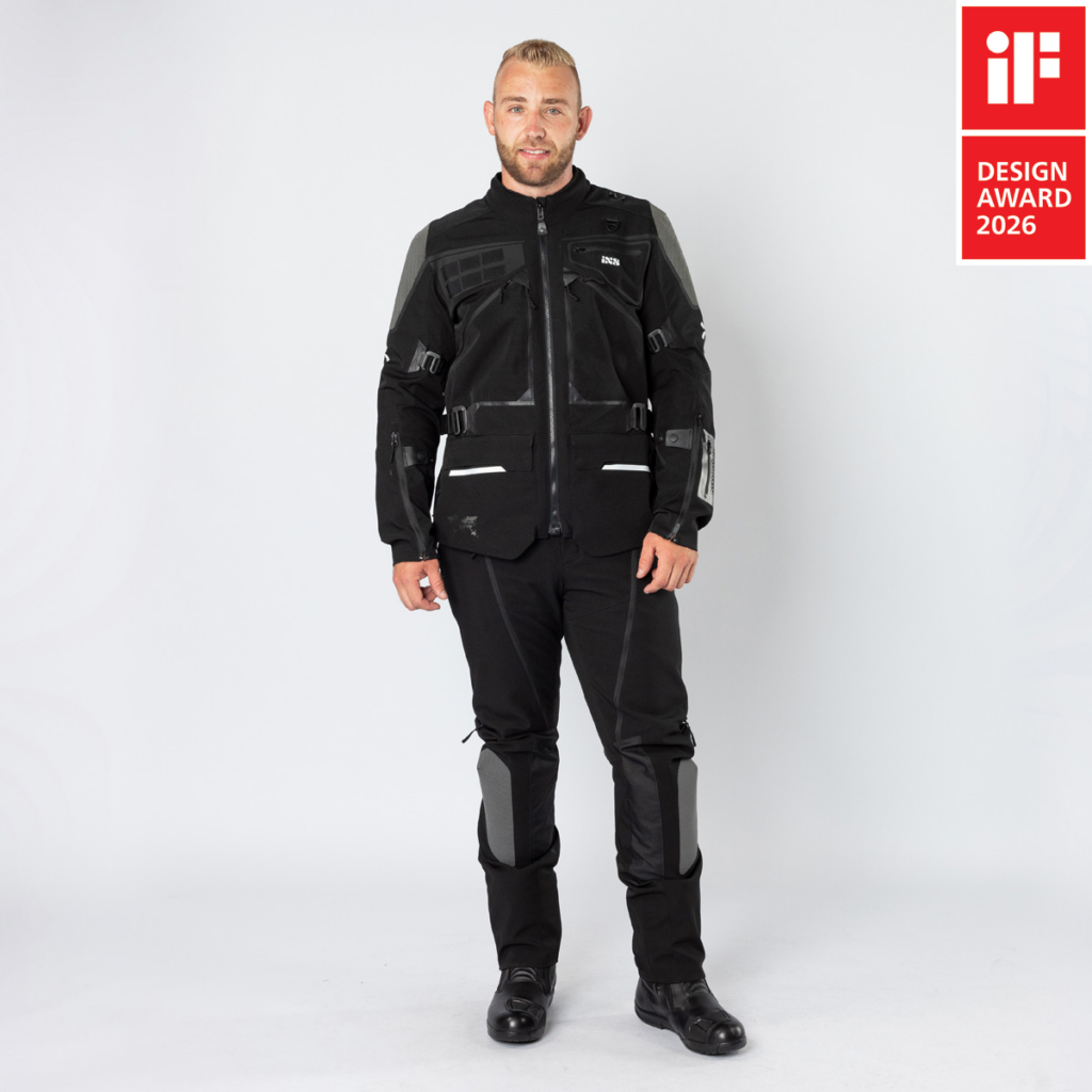 Tenue moto iXS Tourster-GTX 1.0 noire pour homme, équipement touring Gore-Tex toutes saisons primé iF Design Award 2026