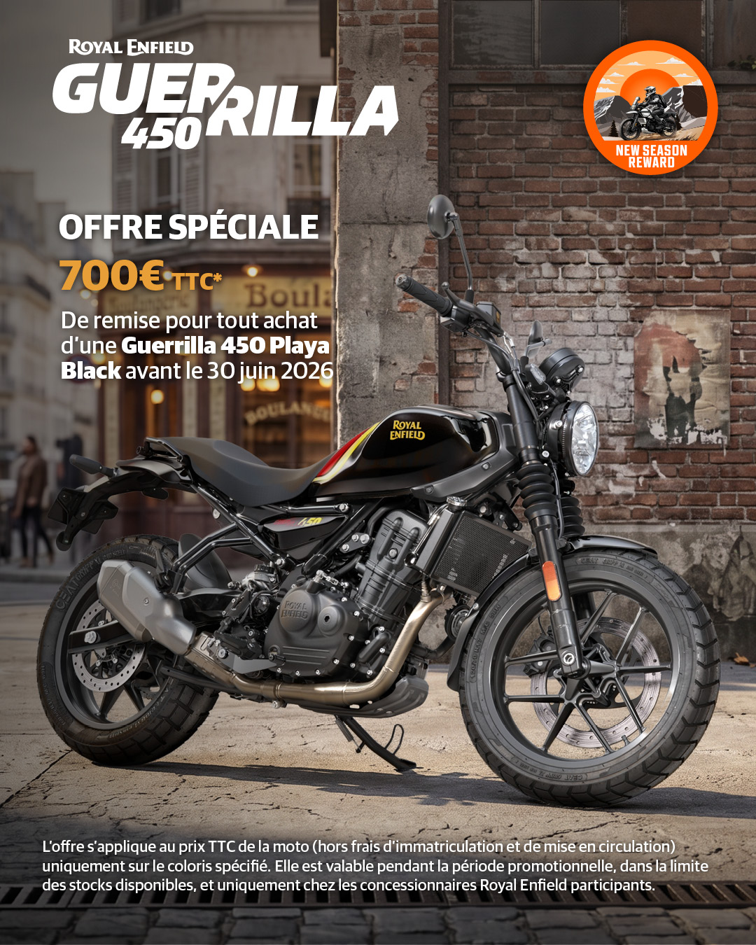Royal Enfield Guerrilla 450 Playa Black avec offre promotionnelle de 700 € jusqu’au 30 juin 2026.
