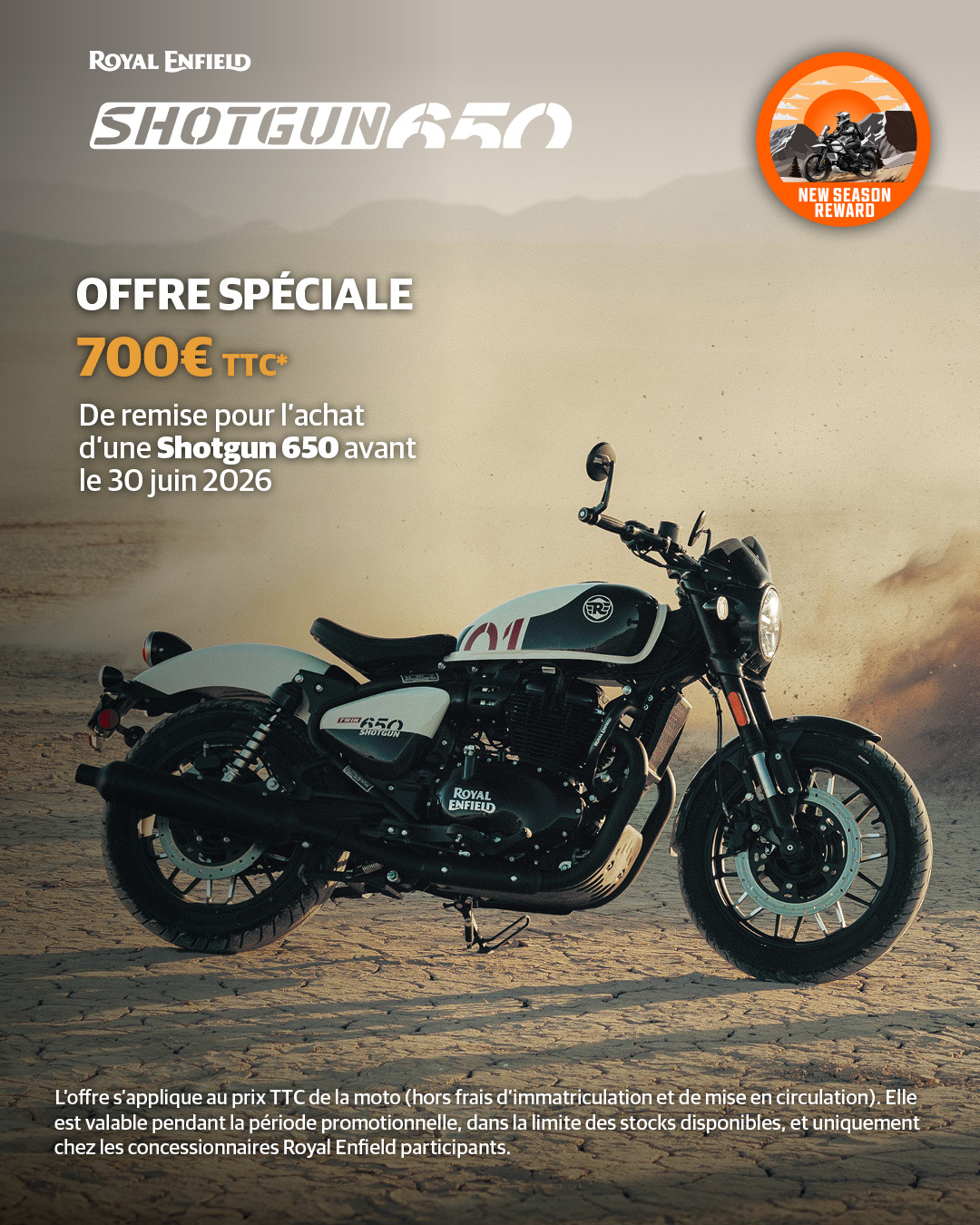Royal Enfield Shotgun 650 avec offre promotionnelle de 700 € jusqu’au 30 juin 2026.